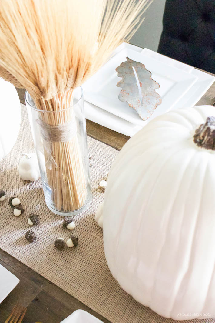 Neutral Gold & White Thanksgiving Table - White Pumpkins & Wheat | designedsimple.com